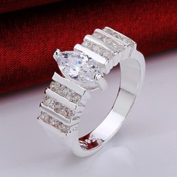 925 Sterling Silver AAA Grade Rice Cut Cubic Zirconia Engagement Wedding Ring - Picture 2 of 5